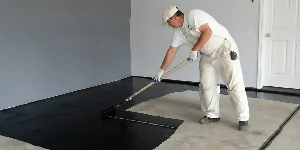 basement waterproofing professional applying waterproof coating to protect a basement floor in Boston, MA
