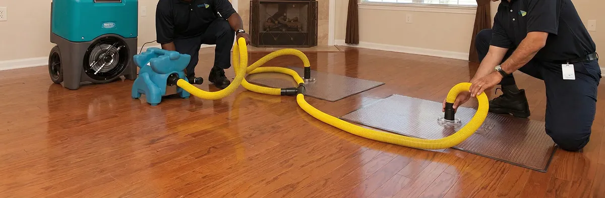 emergency water removal technicians extracting standing water from a home using professional equipment in Boston, MA