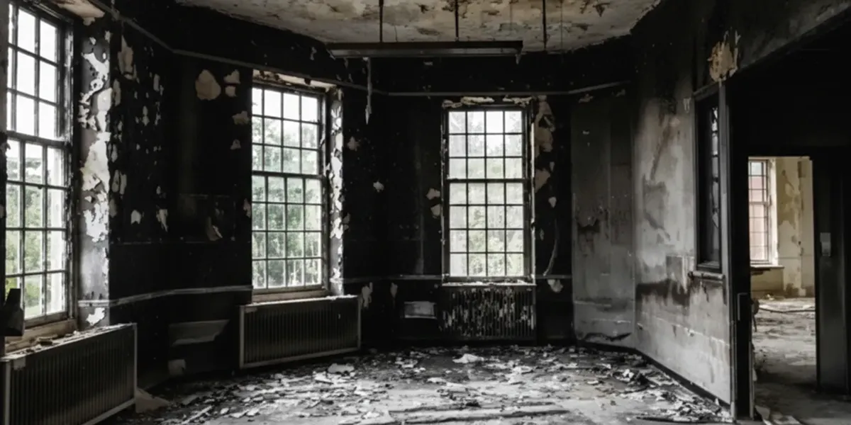 fire damage repair addressing severe interior damage and smoke residue inside a burned home in Boston, MA