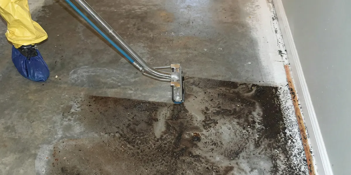 sewage removal technicians extracting contaminated wastewater from a residential floor in Boston, MA